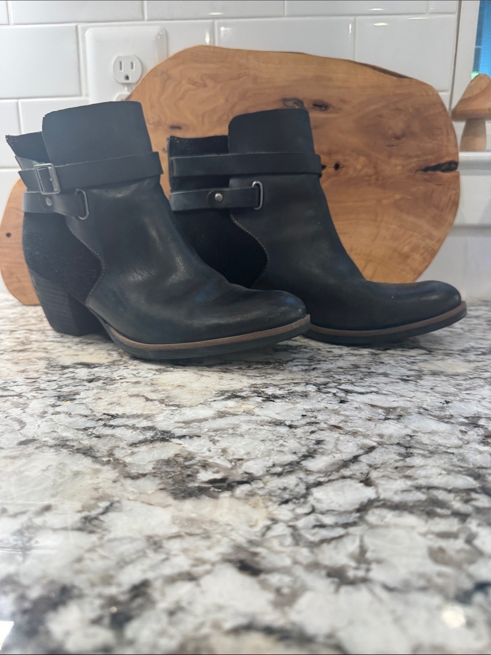 Kork-Ease Black Leather Ankle Booties with Buckle Accent